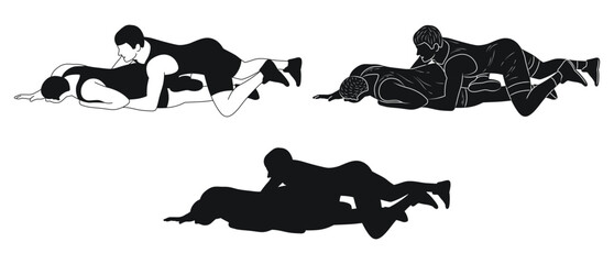 Group of wrestlers in combat attack, Greco Roman wrestling, silhouette set