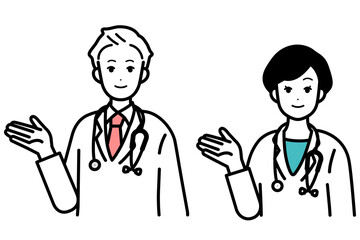 Illustration of male and female doctors, explaining to patients.