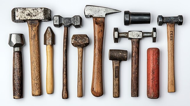 A vintage collection of wooden-handled hammers and mallets, steeped in the history of craftsmanship.
