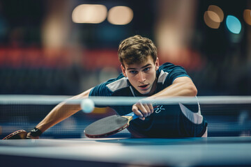 Fototapeta premium Table tennis player serving with spin.A young man is currently enjoying a game of ping pong on a table