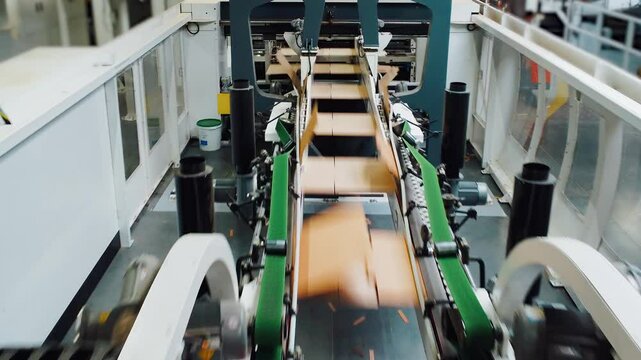 Modern conveyor line for the production of cardboard packaging from corrugated cardboard. Cardboard factory, equipment, production workshop. Cardboard moves along the conveyor belt, top view, drone