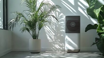 A modern air purifier in a minimalist interior, surrounded by plants, enhancing the space with fresh air.