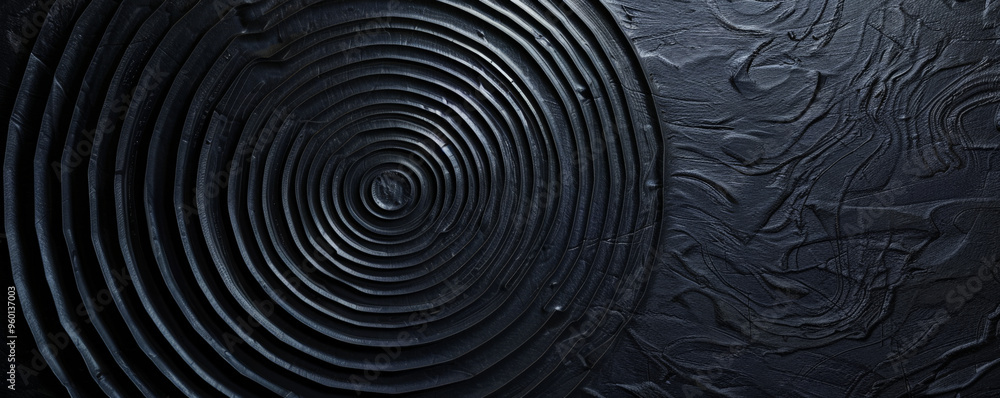 Aufkleber a dark black textured surface with a series of concentric circles and radial lines. the pattern crea