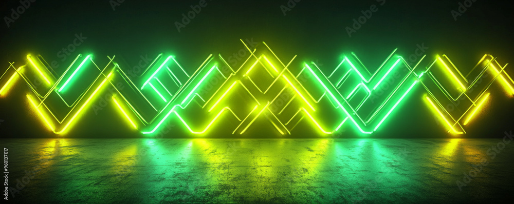 Poster a neon lighting background with glowing green and yellow tubes arranged in a zigzag pattern, casting