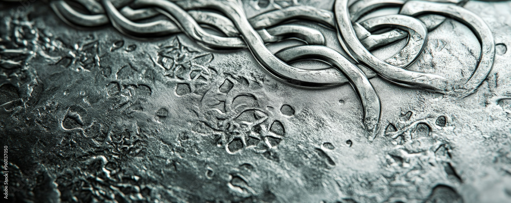 Poster a silver textured surface with intricate, celtic knotwork engravings, adding a touch of ancient craf