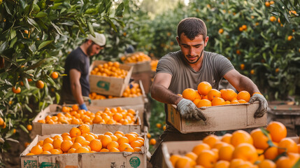 Two young farmers are harvesting crates of fresh oranges in an orange grove, surrounded by trees covered with fruits