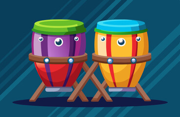 Vector illustration of Pair of colorful conga drums standing on wooden stand. 
