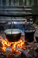 A pot of boiling water is hanging over a fire