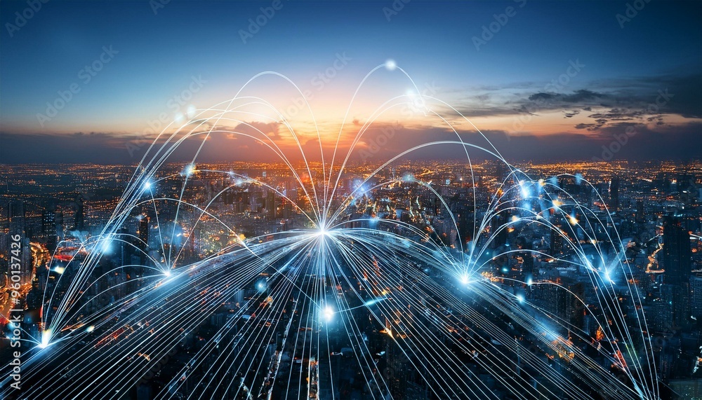 Poster a futuristic cityscape at dusk with glowing lines emanating from the center connecting buildings to 