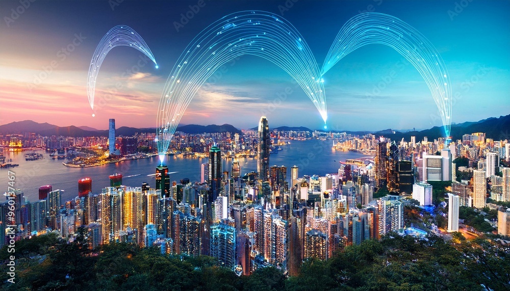 Poster a futuristic cityscape illuminated with bright lights with abstract lines representing ai data strea