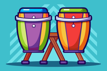 Vector illustration of Pair of colorful conga drums standing on wooden stand. 
