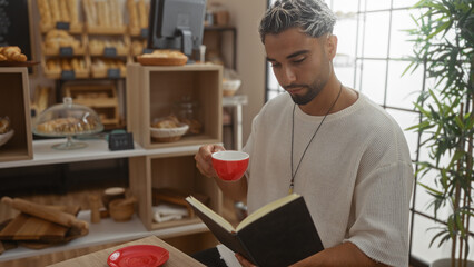 Young arab man with a beard reading a book and drinking coffee in a bakery cafe with bread on display in the background.