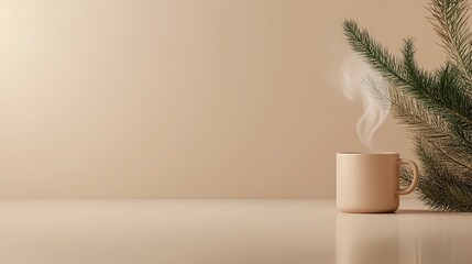 Fototapeta premium A warm cup of coffee releases steam, positioned beside pine branches and cones on a simple off-white table, set against a soft beige backdrop