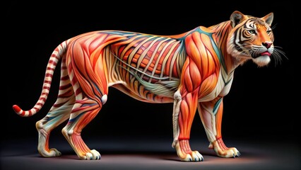 Vibrant illustration of a tiger's internal organs and skeletal system, showcasing intricate details of its muscular structure, circulatory system, and vital organs in stunning color.