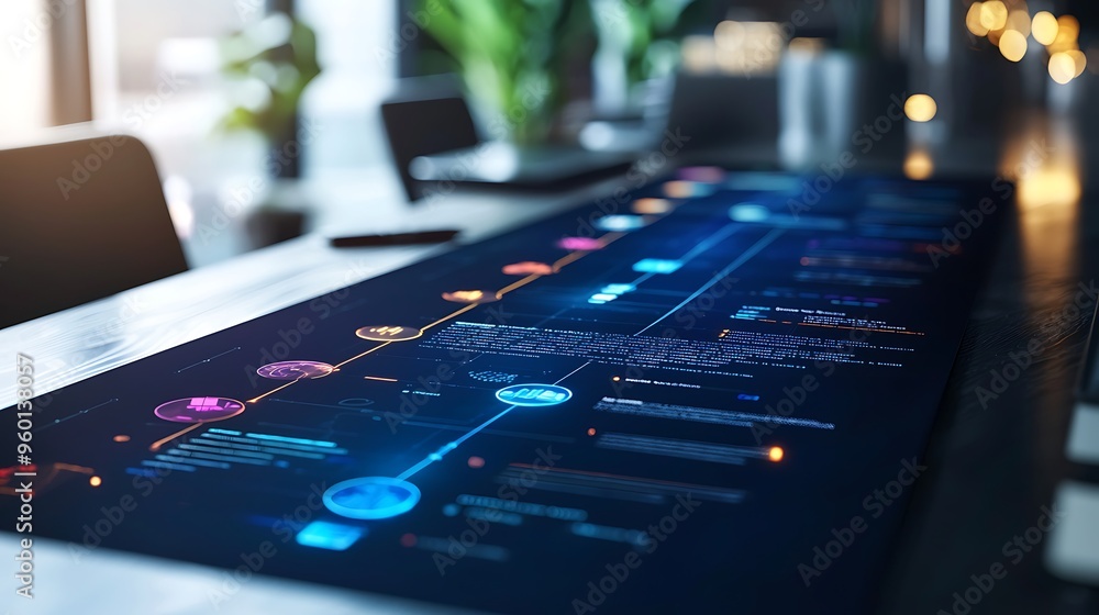 Poster a futuristic technology interface on a desk, alive with data flow and analysis, representing the cut