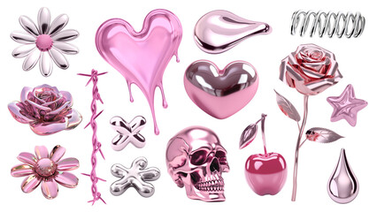 PNG 3d pink chrome shape element set, transparent background