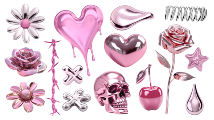 PNG 3d pink chrome shape element set, transparent background