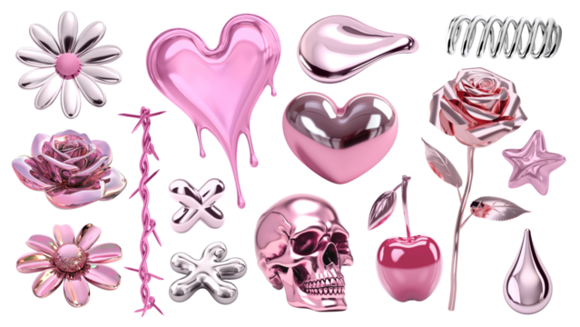 PNG 3d pink chrome shape element set, transparent background