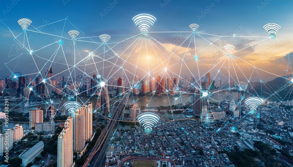 Poster a futuristic cityscape with multiple wifi symbols and connected lines overlaying an urban landscape.