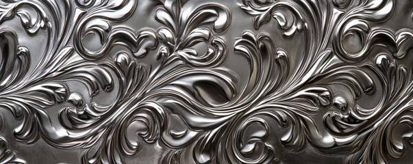 Obraz premium A silver textured surface with intricate, raised patterns, adding a three-dimensional effect that enhances the metalâ€™s luxurious feel.