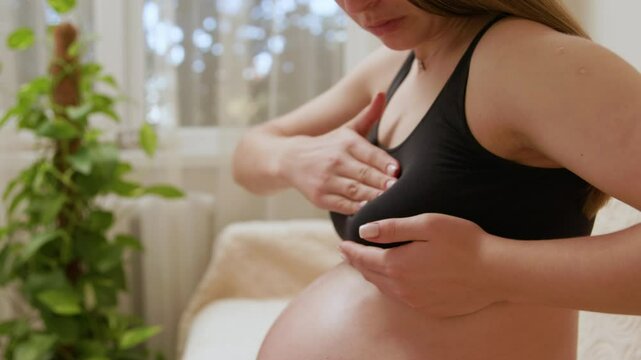 Close-up image of a young pregnant woman with a big belly checking the condition of her breasts before breastfeeding and gently massaging them. Concept of correct pregnancy monitoring