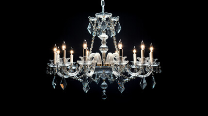 crystal chandelier on black background candles in the dark