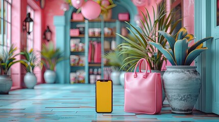 Shopping on-line online store on smartphone mobile application 3d rendering