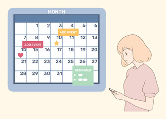 Woman scheduling pregnant menstruation periods on smartphone with calendar application. Girl planning days, checking, adding events, reminders . Hand drawn flat cartoon character vector illustration.