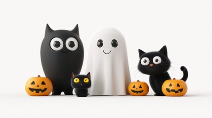 Halloween 3d clipart with lighting pumpkin as companion. Ghost character. Halloween scary ghostly monster, dead boo spook and cute funny boohoo spooky fly anime or horror curious devil phantom costume