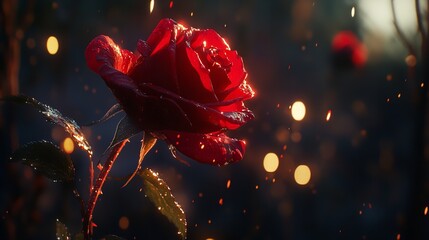 Luxurious Red Rose: A Bright Golden Light Shimmering Blossom. Presented in the Style of a Luxury High-Bright Fashion Brand Advertisement.
