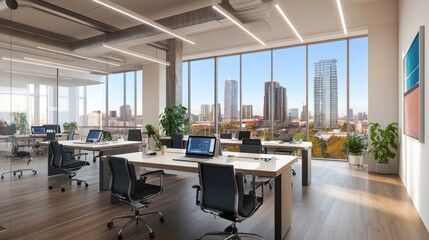 Bright and spacious office features modern desks, computer setups, and expansive windows with views of a bustling city skyline