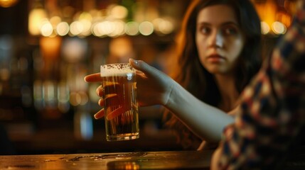 A night scene in a bar shows a young woman with emotional strain, receiving a beer. The setting conveys a casual yet tense atmosphere in a visually detailed and emotionally complex interaction.