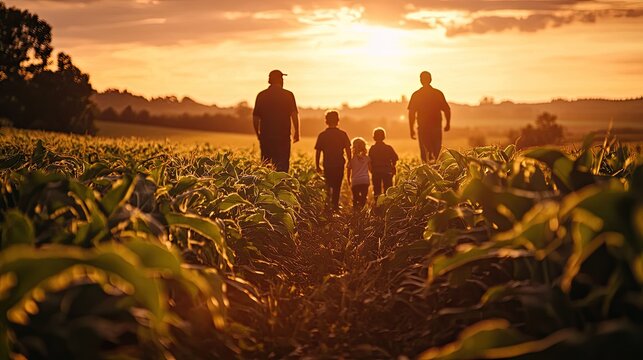 A family walks through a cornfield at sunset, enjoying a moment together in nature.