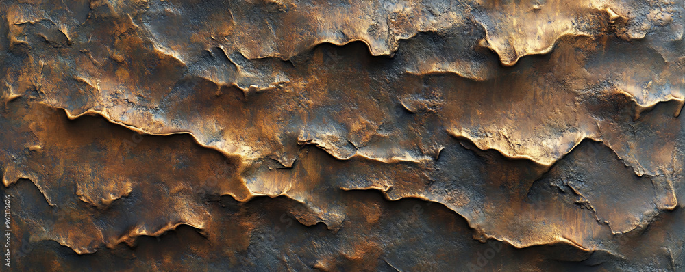 Poster a bronze textured surface with a rugged, hand-hammered finish, showcasing irregular patterns and sli