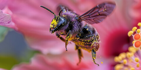 A bee pollinates a purple flower The bee is covered in yellow with blur pink background 