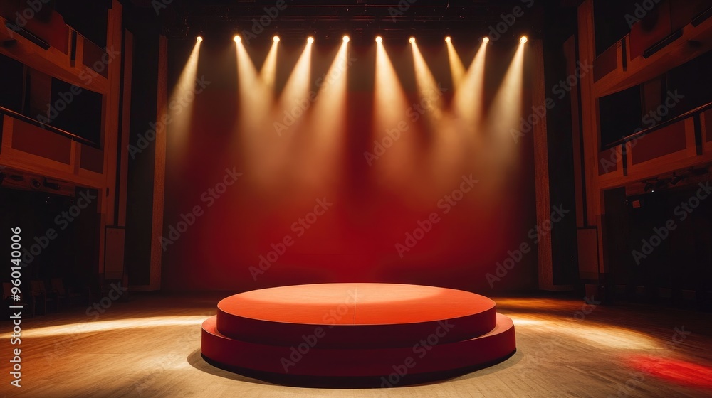 Poster an empty theater stage with a red round podium, bathed in the warm glow of spotlights, setting the s