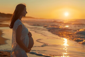 Pregnant woman watching sunset by the ocean