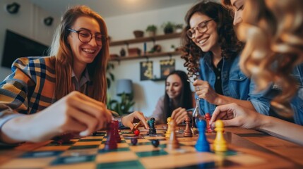 Fototapeta premium Four young women enjoy a board game, showcasing joy and camaraderie. Outfits range from casual gray to colorful tops, exuding a fun and happy atmosphere.