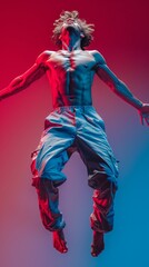 Male dancer in a dynamic mid-jump pose with arms outstretched, wearing a light blue shirt and rolled up trousers. Expressive, muscular and powerful,