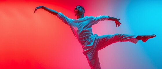 Male dancer in white, alone in studio, striking dynamic pose like in flight. Gradient background adds drama.