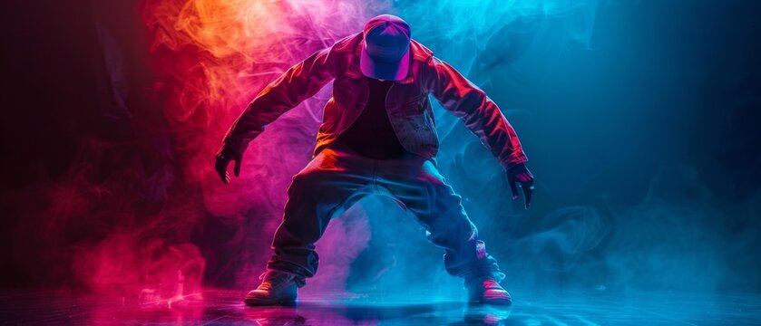 A male hip-hop dancer in a vibrant, smoky setting, wearing red/black jacket, cap, blue pants, showcased prominently in a dynamic pose.