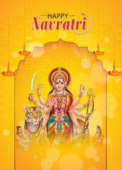 illustration of Indian festival Navratri greetings design with goddess Durga and tiger , Happy Navratri illustration design. © ganesh_502