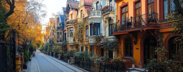 Obraz premium A row of Art Nouveau buildings with flowing lines, floral motifs, and intricate ironwork, highlighting the artistic expression in early 20th-century architecture