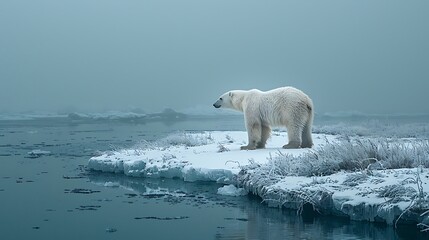 A solitary polar bear stands on a snowy ice floe, looking out over calm, icy waters. The soft light of twilight creates a tranquil yet haunting atmosphere in the Arctic
