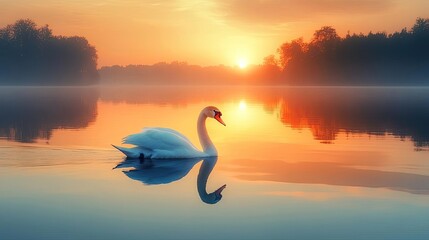 Fototapeta premium A serene image of a swan gliding across a still lake at sunset, with its reflection perfectly mirrored on the water s surface