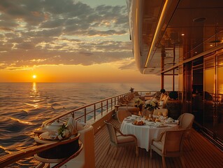 Guests enjoy an elegant dining experience on the yacht deck, surrounded by comfortable seating and stunning views of the vibrant sunset and sea