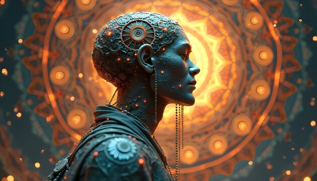 "Futuristic Cybernetic Portrait with Mandala Background"