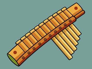 Bamboo pan flute clipart cartoon style. Simple cute wooden panpipes woodwind instrument flat vector illustration. Wind instrument syrinx hand drawn doodle style. Greece folk musical instrument vector
