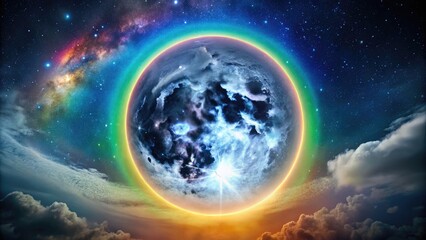 Vibrant moon dog, a circular rainbow-colored halo, surrounds a full moon in a starry night sky, with faint clouds and subtle atmospheric distortion.