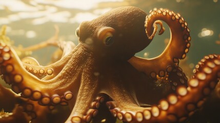 Obraz premium Close-up of an Octopus with One Eye Visible in Sunlit Water